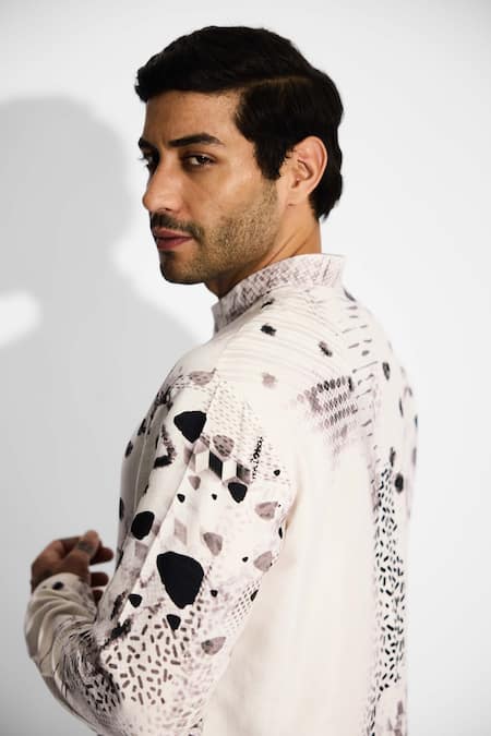 SHASHA GABA_Ivory Tussar Dots Print Short Kurta _at_Aza_Fashions