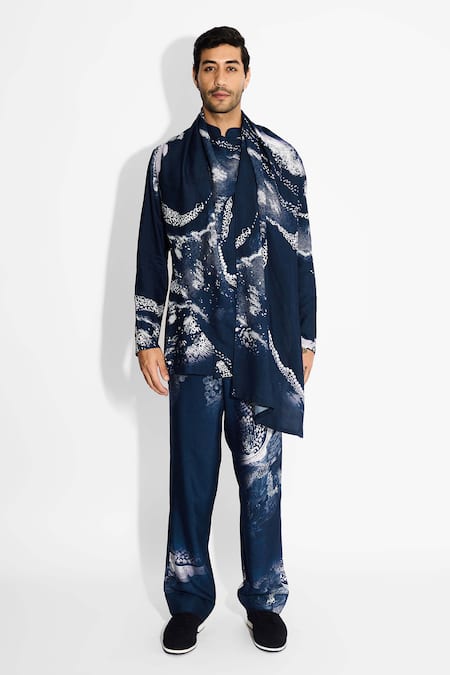 Shasha Gaba Blue Tussar Morph Print Wrap Style Kurta 