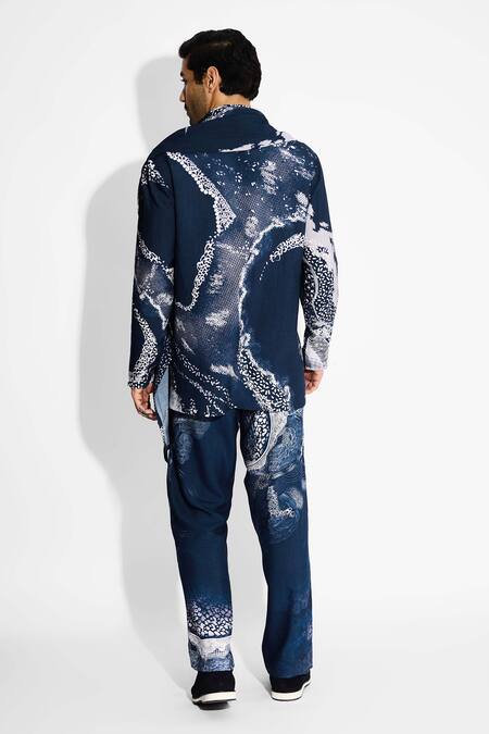 Shop SHASHA GABA Blue Tussar Morph Print Wrap Style Kurta at Aza Fashions Shop_SHASHA GABA_Blue Tussar Morph Print Wrap Style Kurta _at_Aza_Fashions