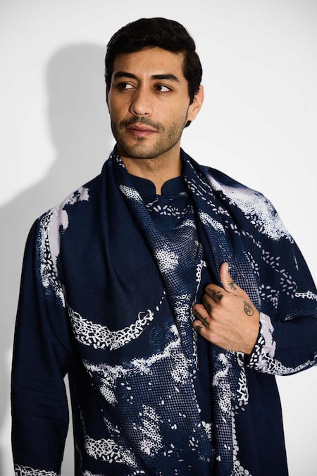 Shop SHASHA GABA Blue Tussar Morph Print Wrap Style Kurta Online at Aza Fashions Shop_SHASHA GABA_Blue Tussar Morph Print Wrap Style Kurta _Online_at_Aza_Fashions