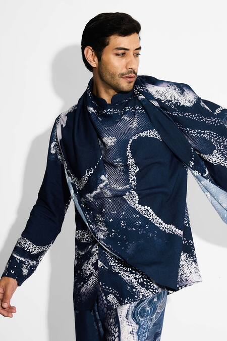 SHASHA GABA Blue Tussar Morph Print Wrap Style Kurta at Aza Fashions SHASHA GABA_Blue Tussar Morph Print Wrap Style Kurta _at_Aza_Fashions