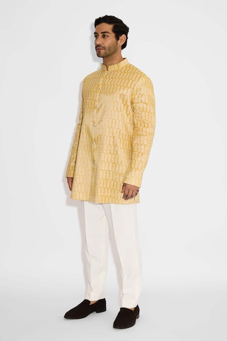 SHASHA GABA_Yellow Satin, Tissue Sundrop Bandhgala _Online_at_Aza_Fashions