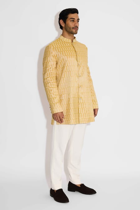 Buy_SHASHA GABA_Yellow Satin, Tissue Sundrop Bandhgala _Online_at_Aza_Fashions