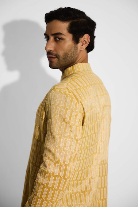 Shop_SHASHA GABA_Yellow Satin, Tissue Sundrop Bandhgala _Online_at_Aza_Fashions