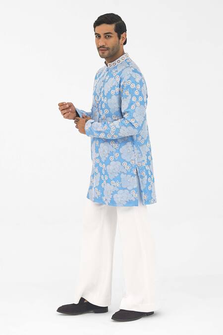 SHASHA GABA Blue Polyester, Chanderi Embroidery Petal Grid Frost Kurta Online at Aza Fashions SHASHA GABA_Blue Polyester, Chanderi Embroidery Petal Grid Frost Kurta _Online_at_Aza_Fashions