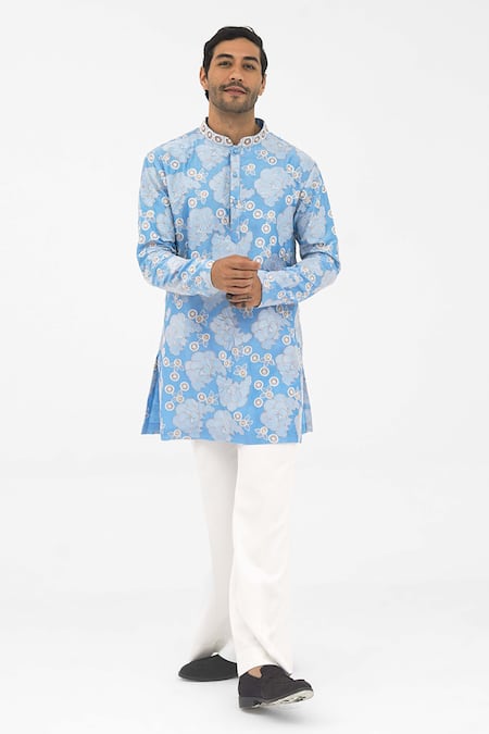 Shop SHASHA GABA Blue Polyester, Chanderi Embroidery Petal Grid Frost Kurta at Aza Fashions Shop_SHASHA GABA_Blue Polyester, Chanderi Embroidery Petal Grid Frost Kurta _at_Aza_Fashions