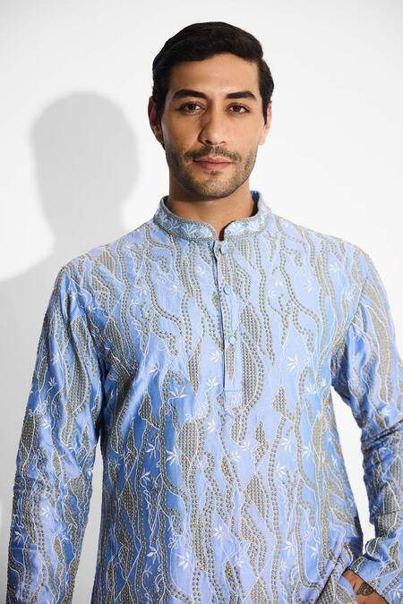SHASHA GABA Blue Polyester Embroidery Frost Designer Kurta at Aza Fashions SHASHA GABA_Blue Polyester Embroidery Frost Designer Kurta _at_Aza_Fashions