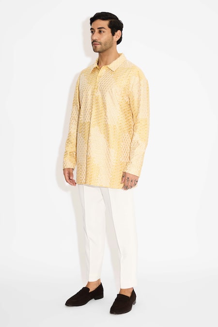 Buy_SHASHA GABA_Yellow Tissue Sundrop Shoulder Kurta _Online_at_Aza_Fashions