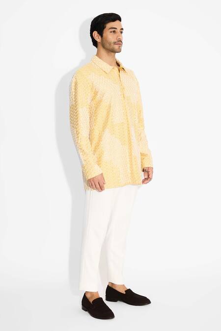 Shop_SHASHA GABA_Yellow Tissue Sundrop Shoulder Kurta _Online_at_Aza_Fashions