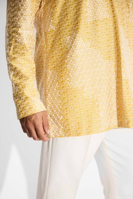 SHASHA GABA_Yellow Tissue Sundrop Shoulder Kurta _at_Aza_Fashions