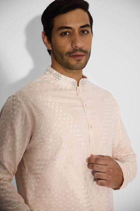 Shop_SHASHA GABA_Pink Polyester, Chanderi Embroidery Ornate Misty Kurta _Online_at_Aza_Fashions