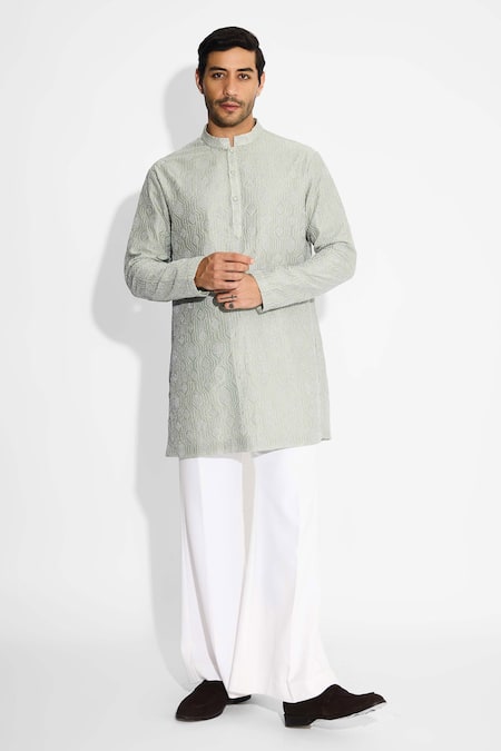 SHASHA GABA_Gray Chanderi Hexagon Dots Embellished Ash Short Kurta _Online_at_Aza_Fashions