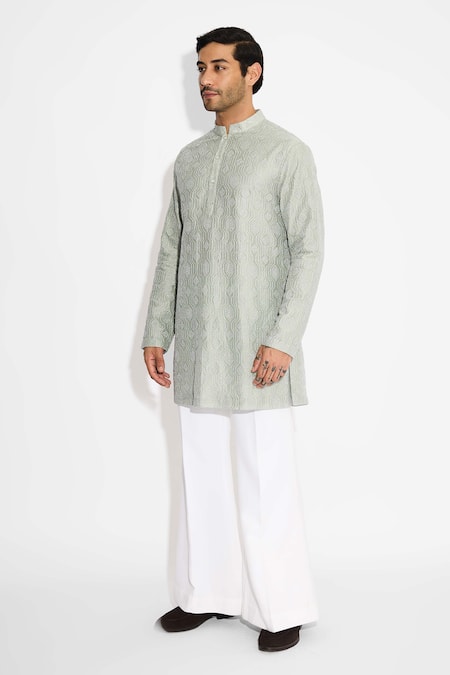 Buy_SHASHA GABA_Gray Chanderi Hexagon Dots Embellished Ash Short Kurta _Online_at_Aza_Fashions