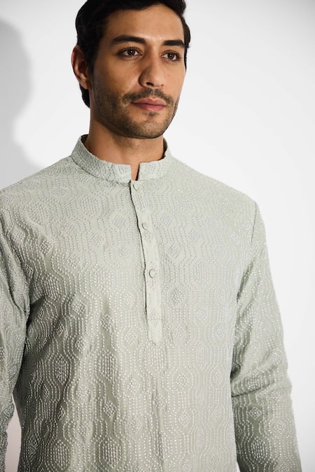 SHASHA GABA_Gray Chanderi Hexagon Dots Embellished Ash Short Kurta _at_Aza_Fashions
