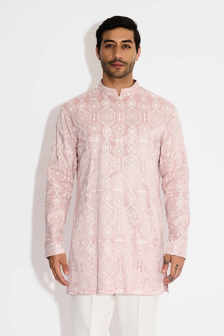 Shasha Gaba Pink Satin, Tissue Embroidery Designer Light Rose Kurta 