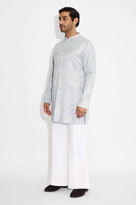 SHASHA GABA Gray Satin, Tissue Embroidery Orbs And Waves Dove Grey Kurta Online at Aza Fashions SHASHA GABA_Gray Satin, Tissue Embroidery Orbs And Waves Dove Grey Kurta _Online_at_Aza_Fashions