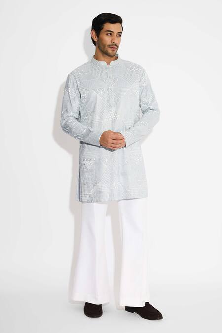 Shop SHASHA GABA Gray Satin, Tissue Embroidery Orbs And Waves Dove Grey Kurta Online at Aza Fashions Shop_SHASHA GABA_Gray Satin, Tissue Embroidery Orbs And Waves Dove Grey Kurta _Online_at_Aza_Fashions