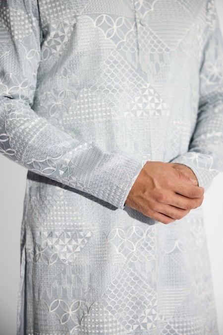 SHASHA GABA Gray Satin, Tissue Embroidery Orbs And Waves Dove Grey Kurta at Aza Fashions SHASHA GABA_Gray Satin, Tissue Embroidery Orbs And Waves Dove Grey Kurta _at_Aza_Fashions