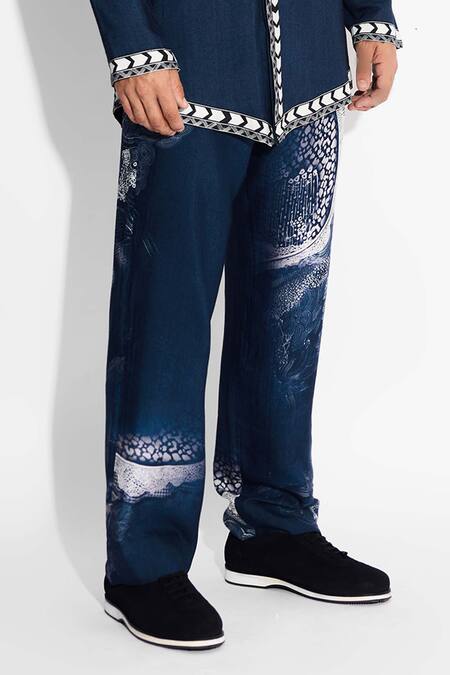 SHASHA GABA_Blue Tussar Swirl Print Straight Fit Pant _Online_at_Aza_Fashions