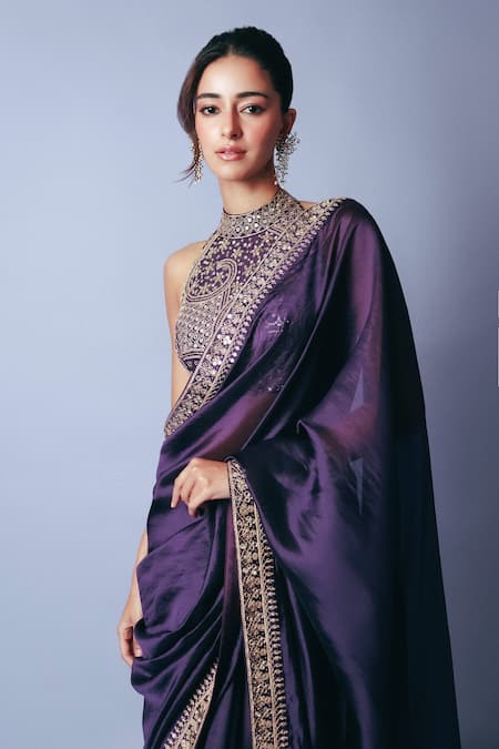 Punit Balana_Purple Silk Organza Mirrors, Embroidery Halter Baigani Classic Saree And Blouse _Online_at_Aza_Fashions