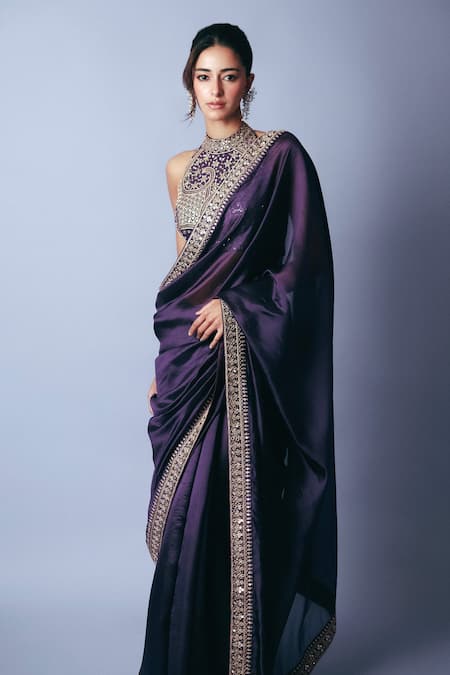 Buy_Punit Balana_Purple Silk Organza Mirrors, Embroidery Halter Baigani Classic Saree And Blouse _Online_at_Aza_Fashions