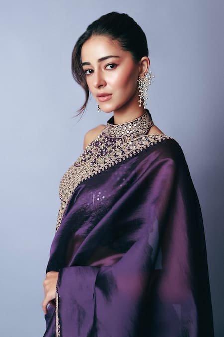 Shop_Punit Balana_Purple Silk Organza Mirrors, Embroidery Halter Baigani Classic Saree And Blouse _Online_at_Aza_Fashions
