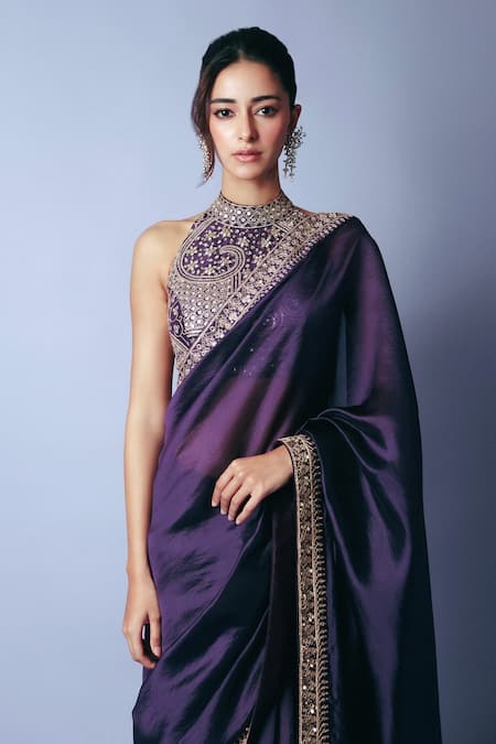 Punit Balana_Purple Silk Organza Mirrors, Embroidery Halter Baigani Classic Saree And Blouse _at_Aza_Fashions