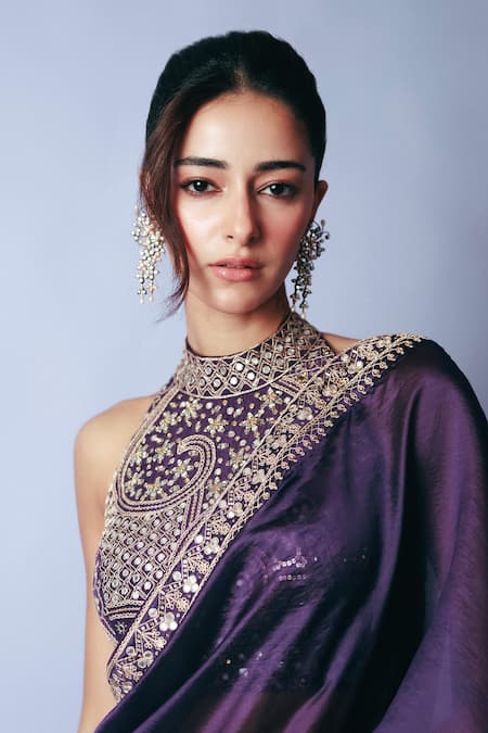 Buy_Punit Balana_Purple Silk Organza Mirrors, Embroidery Halter Baigani Classic Saree And Blouse 
