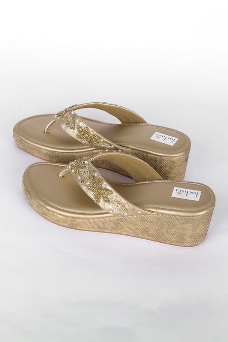 Buy_Fuchsia by aashaka mehta_Gold Beads, Sequins Floral Lane Wedges _Online_at_Aza_Fashions