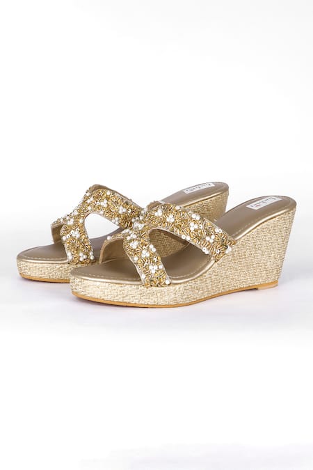 Fuchsia by aashaka mehta_Gold Sequins, Beads Designer Glow Wedges _Online_at_Aza_Fashions