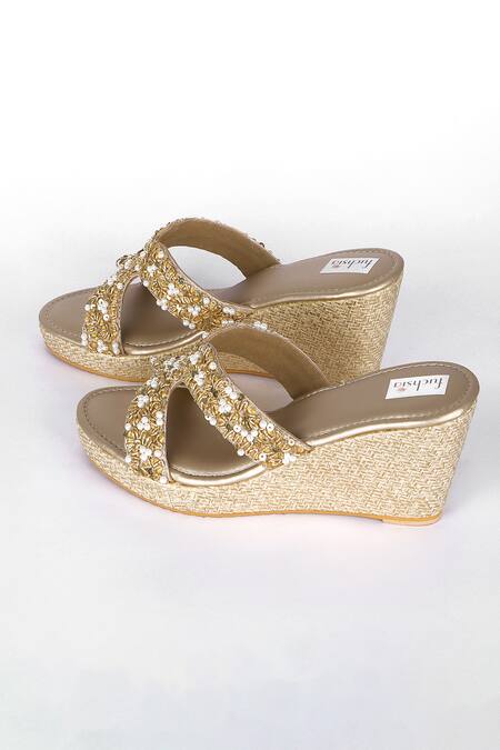 Shop_Fuchsia by aashaka mehta_Gold Sequins, Beads Designer Glow Wedges _Online_at_Aza_Fashions