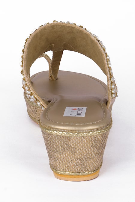 Shop_Fuchsia by aashaka mehta_Gold Embroidery, Beads Designer Sunset Kolhapuris Wedges _Online_at_Aza_Fashions