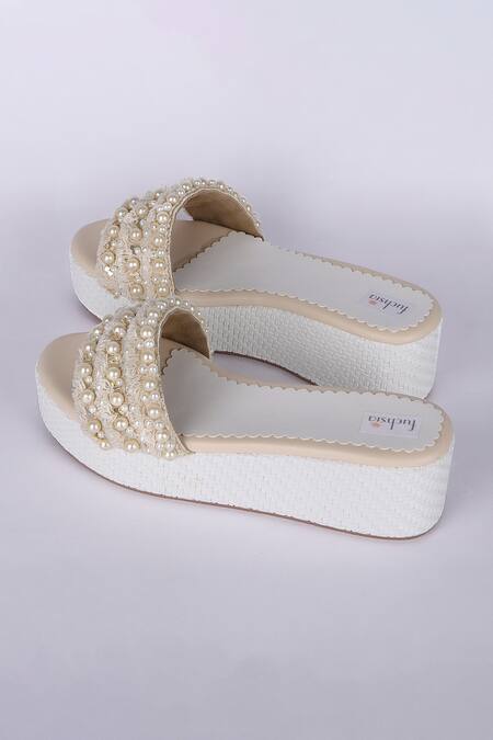 Fuchsia by aashaka mehta_White Pearls Designer Embellished Wedges _Online_at_Aza_Fashions