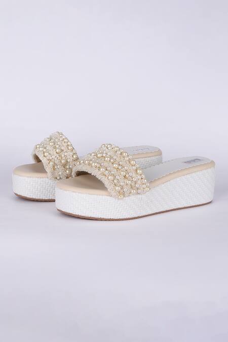 Buy_Fuchsia by aashaka mehta_White Pearls Designer Embellished Wedges _Online_at_Aza_Fashions