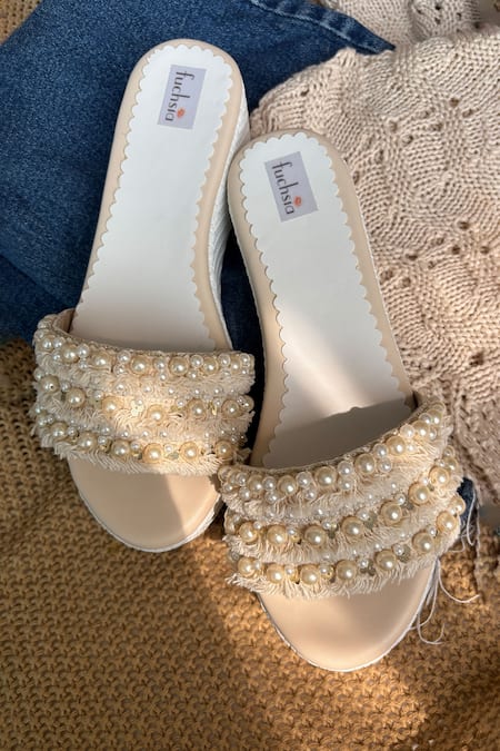 Fuchsia White Designer Pearl Embellished Wedges 