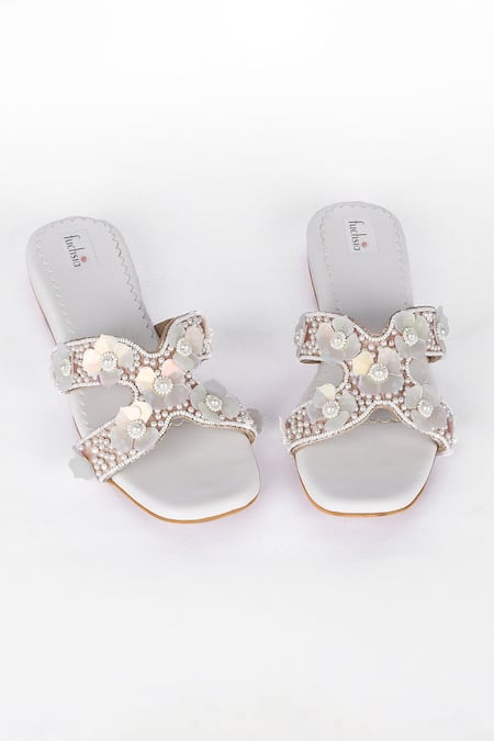 Fuchsia by aashaka mehta Pearl Embellished White Flats 