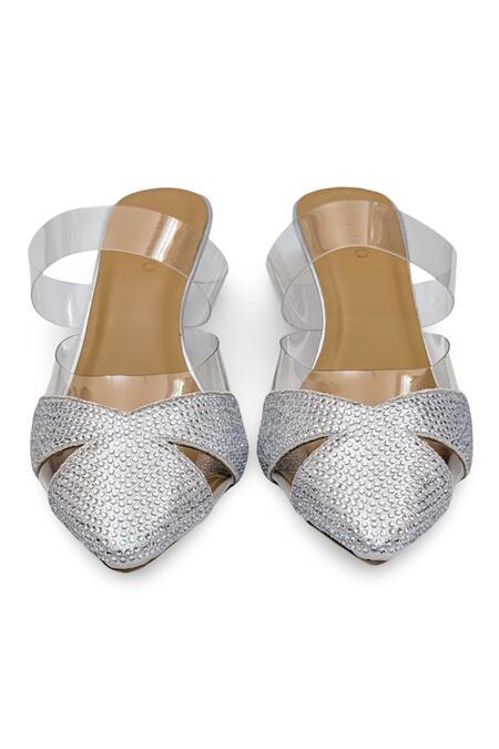 Buy_Devano_Silver Rhinestones Ella Glass Mules _Online_at_Aza_Fashions
