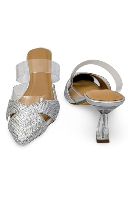 Devano_Silver Rhinestones Ella Glass Mules _at_Aza_Fashions
