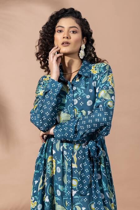 Thee Modern Roots_Teal Bamboo Collared Floral Print Blue Shirt Dress _Online_at_Aza_Fashions