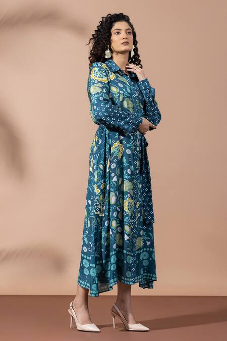 Buy_Thee Modern Roots_Teal Bamboo Collared Floral Print Blue Shirt Dress _Online_at_Aza_Fashions