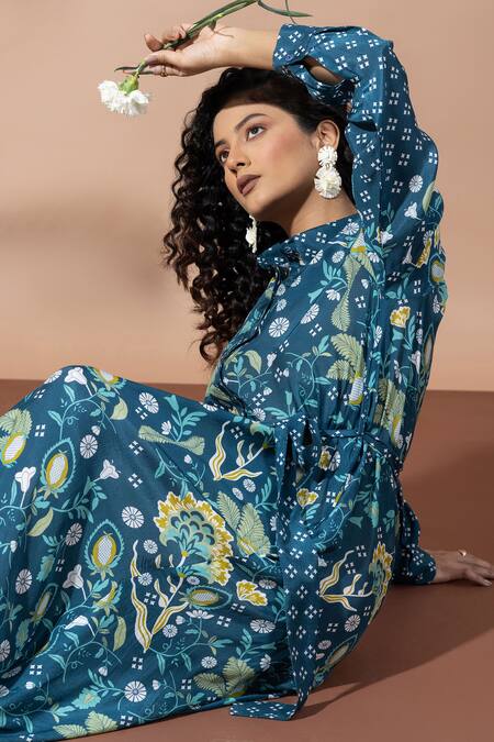 Thee Modern Roots_Teal Bamboo Collared Floral Print Blue Shirt Dress _at_Aza_Fashions