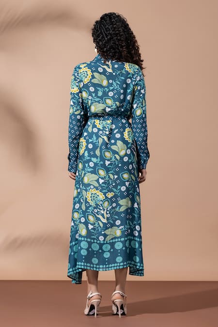 Thee Modern Roots Floral Print Teal Blue Shirt Dress 