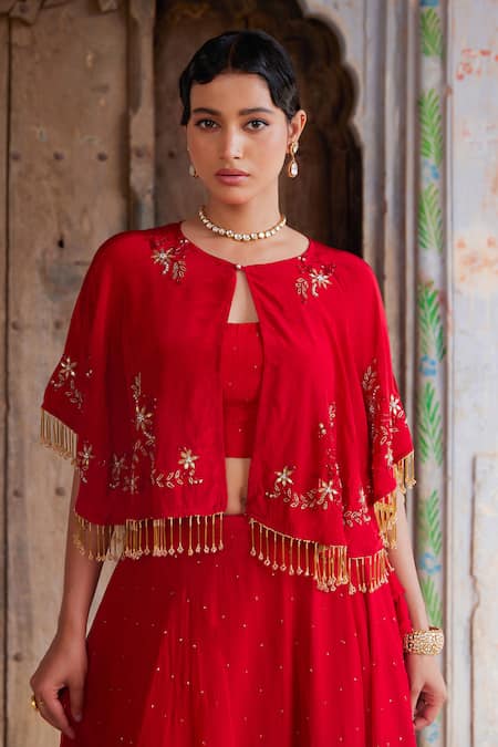 Geroo Jaipur Red Chiffon, Jacquard Sequins, Pearls, Mirrors Round Neck Lehenga Set Online at Aza Fashions Geroo Jaipur_Red Chiffon, Jacquard Sequins, Pearls, Mirrors Round Neck Lehenga Set _Online_at_Aza_Fashions