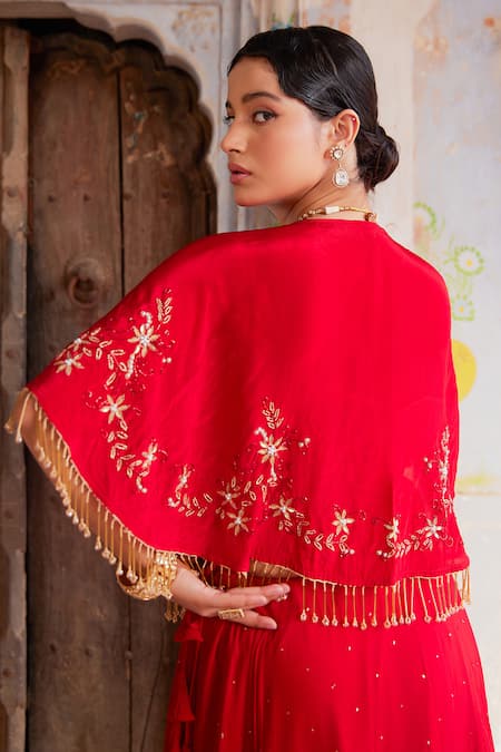 Buy Geroo Jaipur Red Chiffon, Jacquard Sequins, Pearls, Mirrors Round Neck Lehenga Set Online at Aza Fashions Buy_Geroo Jaipur_Red Chiffon, Jacquard Sequins, Pearls, Mirrors Round Neck Lehenga Set _Online_at_Aza_Fashions