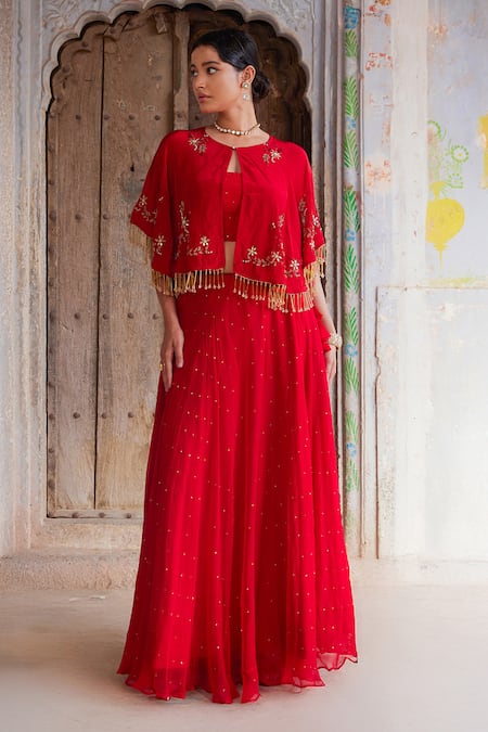 Geroo Jaipur Red Chiffon Lehenga Set 