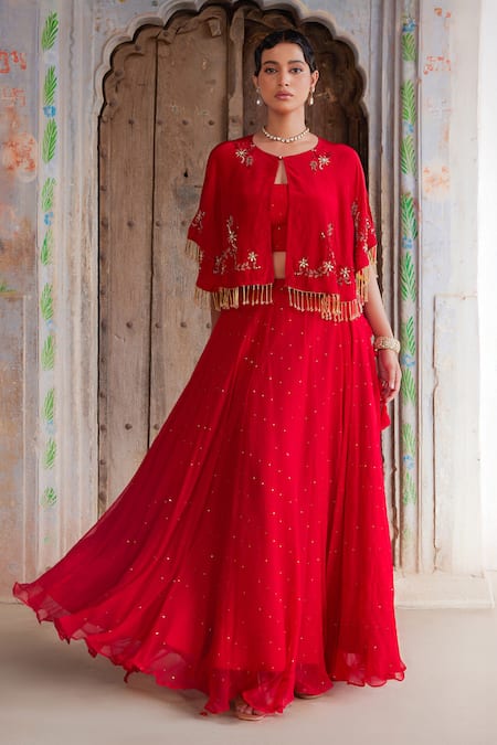 Geroo Jaipur Red Chiffon, Jacquard Sequins, Pearls, Mirrors Round Neck Lehenga Set at Aza Fashions Geroo Jaipur_Red Chiffon, Jacquard Sequins, Pearls, Mirrors Round Neck Lehenga Set _at_Aza_Fashions