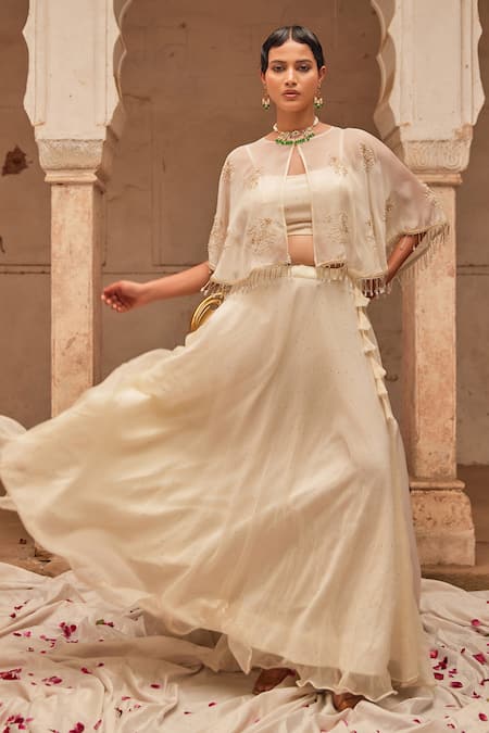 Geroo Jaipur Off White Chiffon Lehenga Set 