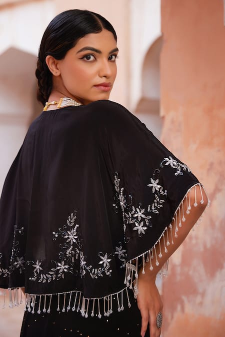 Shop Geroo Jaipur Black Chiffon, Jacquard Sequins, Pearls Round Neck Lehenga Set at Aza Fashions Shop_Geroo Jaipur_Black Chiffon, Jacquard Sequins, Pearls Round Neck Lehenga Set _at_Aza_Fashions