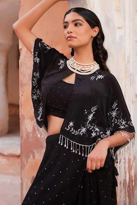 Geroo Jaipur Black Chiffon, Jacquard Sequins, Pearls Round Neck Lehenga Set Online at Aza Fashions Geroo Jaipur_Black Chiffon, Jacquard Sequins, Pearls Round Neck Lehenga Set _Online_at_Aza_Fashions