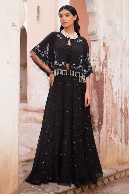 Geroo Jaipur Black Chiffon Lehenga Set 